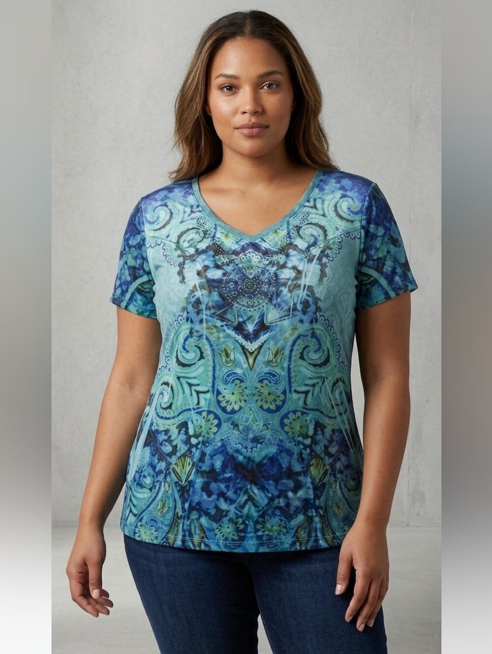 Cato Blue Paisley Mandala Embellished V-Neck Layered Look Top Tee Size L